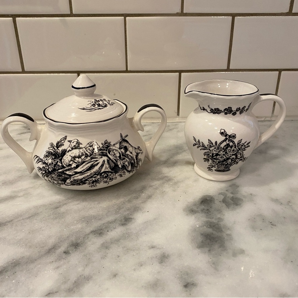 New England Toile Cream and Sugar Set Black and White  Tabletops Unlimited